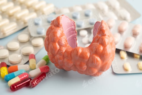 Preview: Thyroid model with pill drug treatment, Hyperthyroidism, Overactive or Lymphoma.