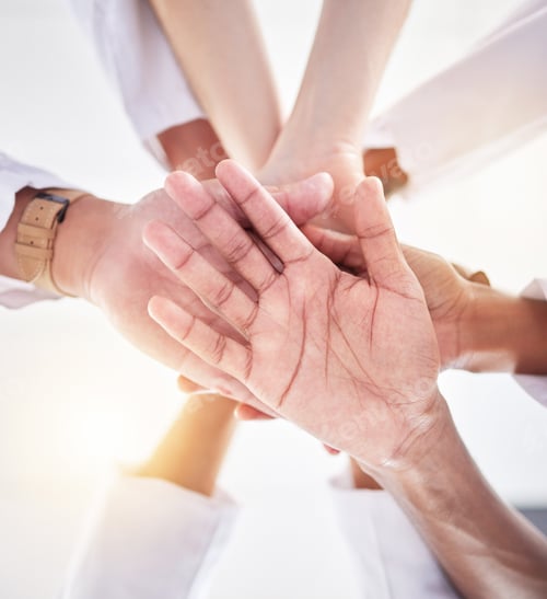 Preview: Healthcare, teamwork and below hands of doctors for support, partnership and medicine trust. Motiva