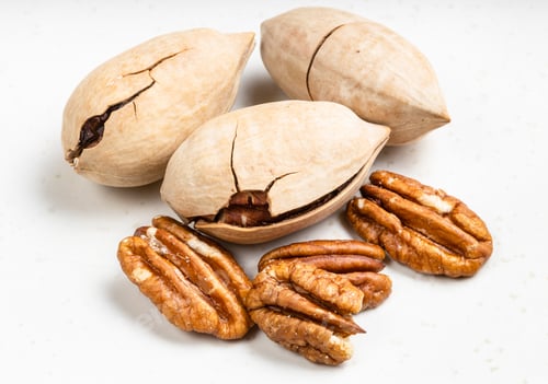 Preview: cracked and shelled pecan nuts close up on gray