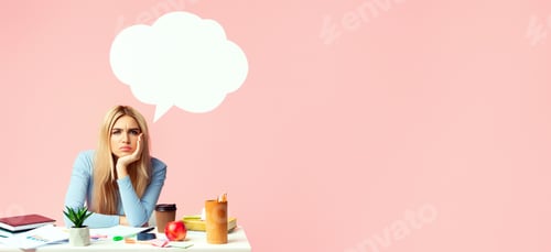 Preview: Tired teenage girl sitting at desk with speech bubble