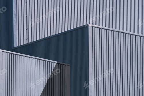 Preview: Gray corrugated Metal Factory Buildings with sunlight on Steel Wall surface in Minimal style