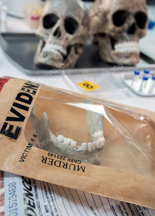 Preview: Evidence bag with human lower jaw in forensic lab murder investigation, conceptual image