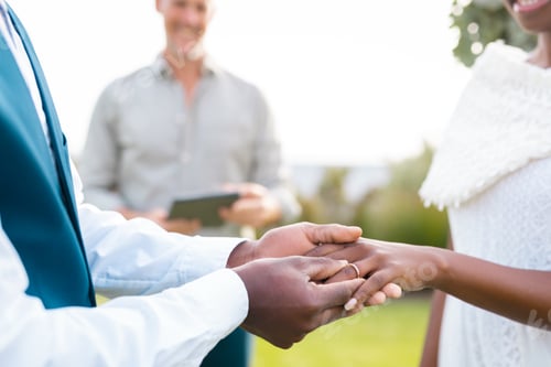 Preview: Close up of african american couple with ring holding hands during wedding