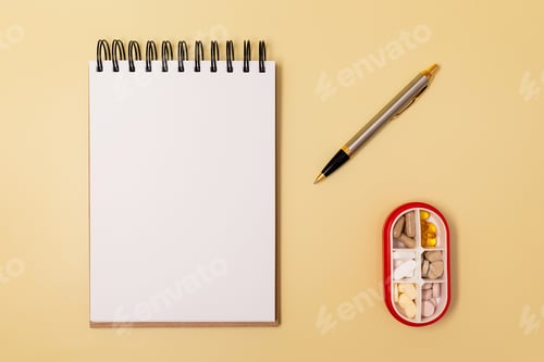 Preview: On the table is a notebook, a pen and tablets.