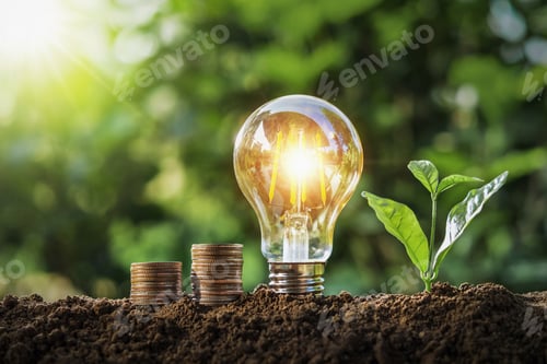 Preview: plant with light bulb and money stack growing on soil with sunshine. concept saving