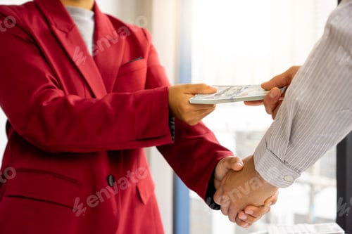 Preview: Bribery and corruption concept, Businessman and businesswoman making handshake with money in hands