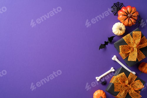 Preview: Halloween gift boxes with orange bows, surrounded by pumpkins, bones
