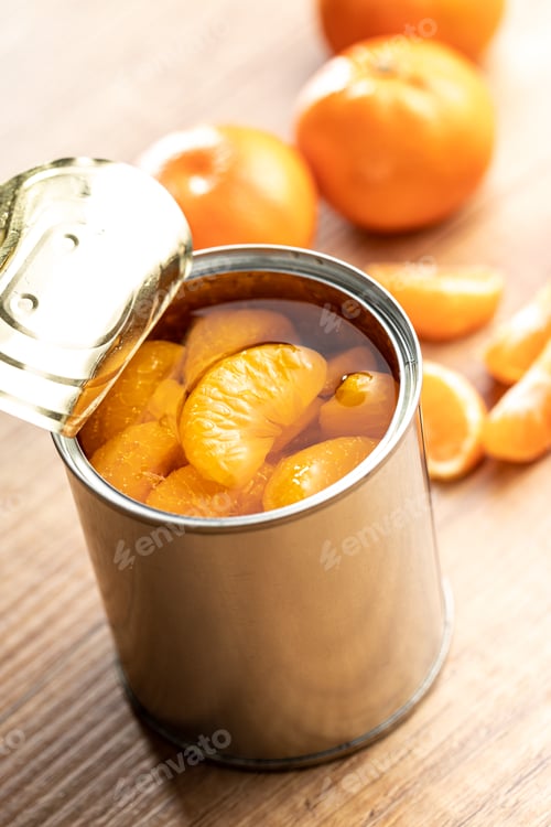 Preview: Canned tangerine. Pickled mandarin fruit in can.