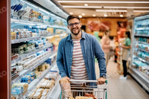 Preview: Happy man shopping in supermarket and looking at camera.