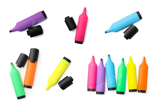 Preview: Many colorful markers on white background, top view