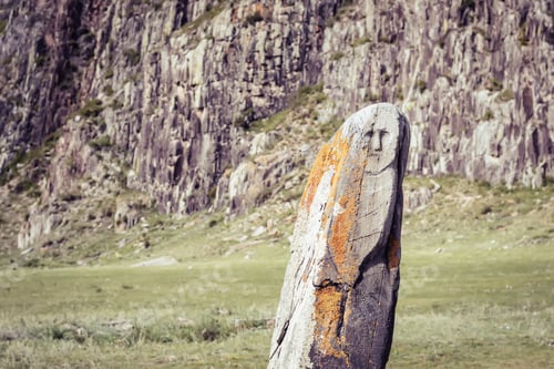 Preview: Chui Deer stone Adyr-Kan. Ancient stone statue with face. Altai Russia