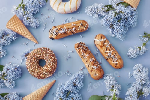 Preview: Doughnuts and cream cakes lie on the table among lilac flowers on blue paper. Spring and sweets