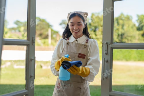 Preview: Young housekeeper wearing gloves and apron, holding cleaning spray and cloth, getting ready to wash