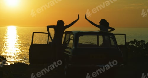 Preview: People, car and high five with beach sunset for holiday, vacation or stop at destination in nature.