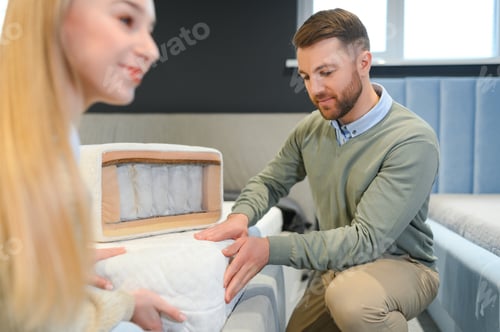 Preview: Couple buying new bed with orthopedic mattress in furniture store