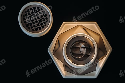 Preview: two gold wedding rings in a white box on a black background