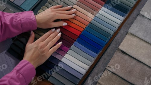 Preview: Top view female hands arms touch soft velvet cloth samples eco natural materials in shop woman