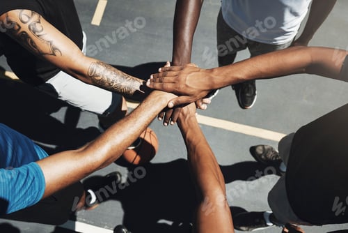 Preview: Hands, team and basketball in support, trust and coordination above for unity on the outdoor court.