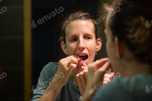 Preview: Young woman flossing her teeth