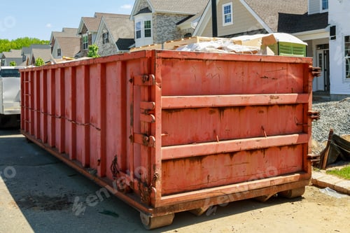 Preview: Residential view of new houses being built and construction garbage large container
