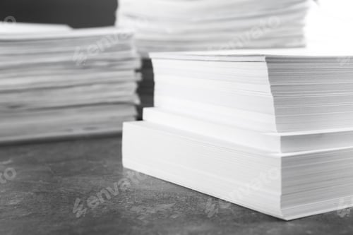 Preview: Stack of blank white paper on marble table, closeup. Space for text