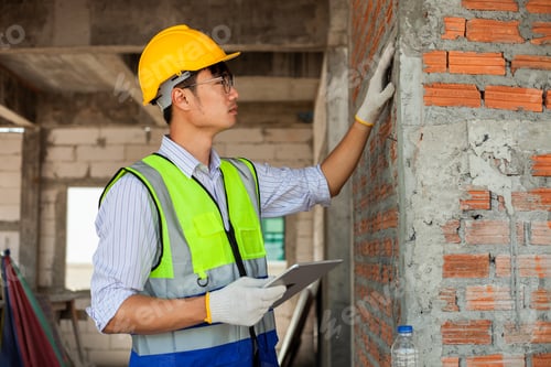 Preview: A young Asian engineer wearing a safety Construction engineer concept.