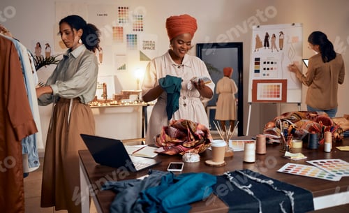 Preview: Fashion, small business and team of women in workshop, studio office planning, creative strategy an