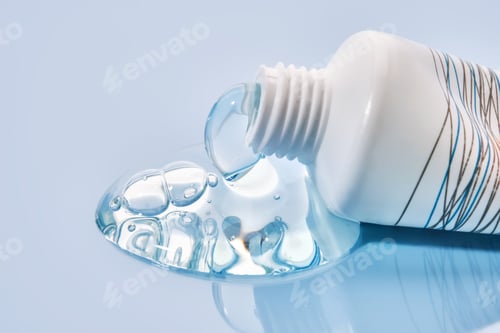 Preview: Shampoo pouring out of a small tube on a blue background. Texture.