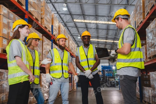 Preview: Factory manager, foreman worker checking stock inventory on good shelf delivery logistic storehouse