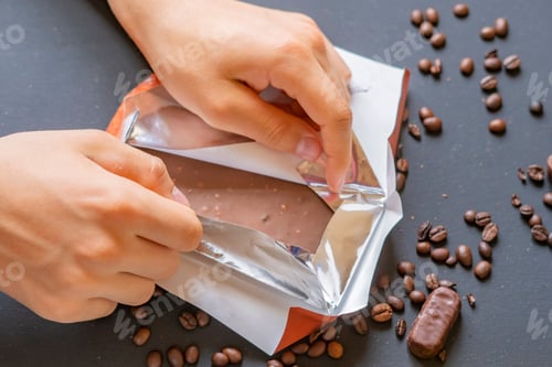Preview: overhead view of hands open the new chocolate bar package on the dark table f