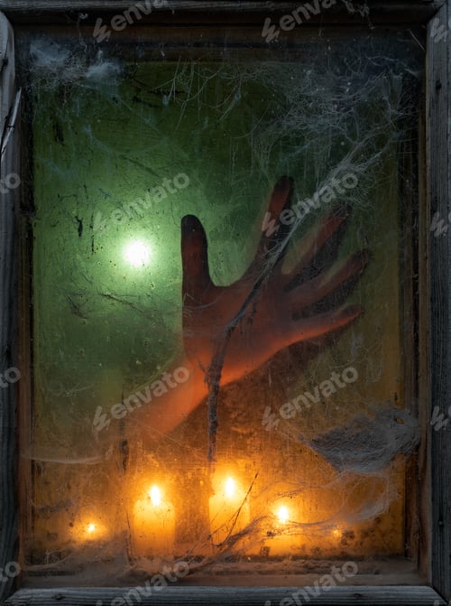 Preview: Halloween banner with a ghost and a spooky spider web