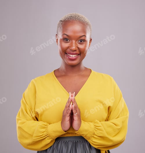 Preview: Woman, prayer and hands together in faith, religion and hope or thank you of career opportunity on