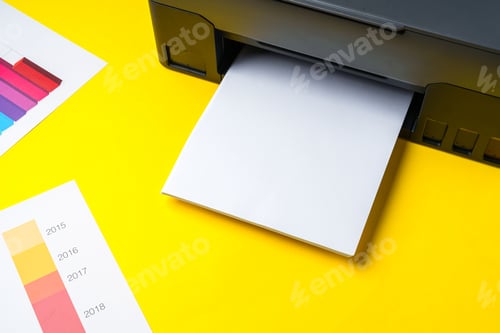 Preview: Modern printer with paper on yellow background
