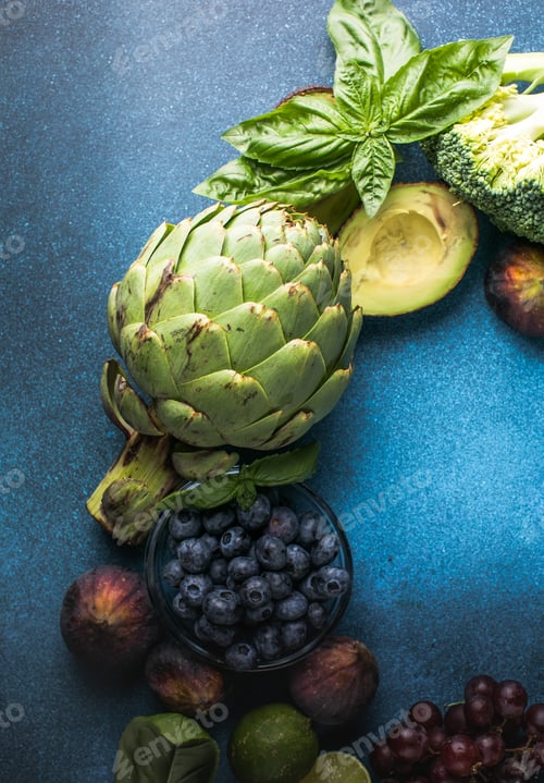 Preview: Variety of fresh raw organic fruits and vegetables.