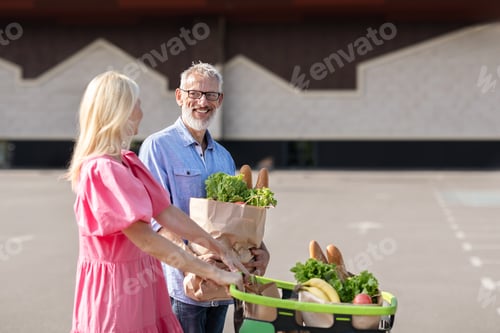 Preview: Senior couple holding grocery bags, have conversation