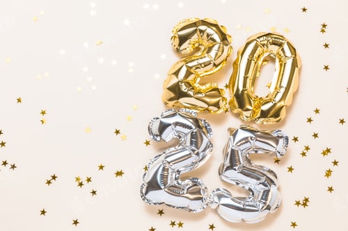 Preview: New year celebration card mockup. Gold and silver foil number 2025 on bright background