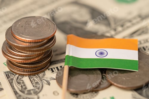 Preview: Stack of coins with India flag on white background.