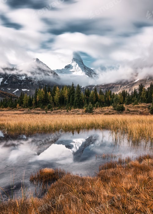 Preview: Mount Assiniboine with cloudy blowing on golden meadow at provincial park