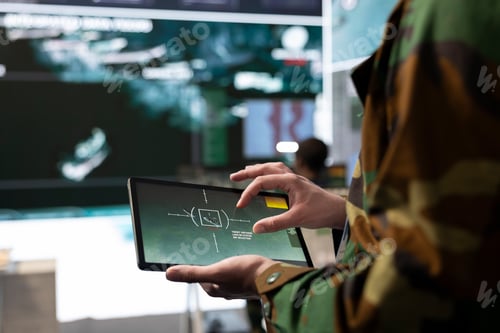 Preview: Military IT engineer collecting intelligence from world map projection