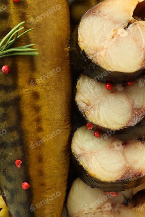 Preview: Concept of tasty food with smoked mackerel, close up