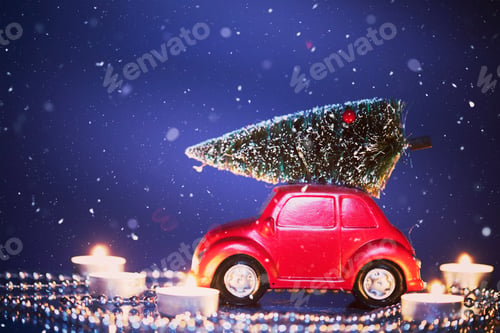 Preview: Christmas red car in snowfall