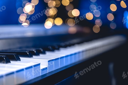 Preview: Piano keys close-up on a blurred background with bokeh.