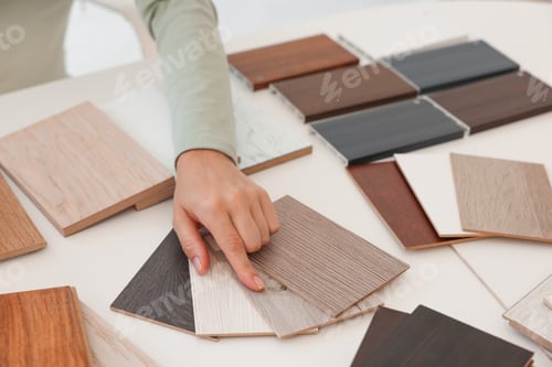 Preview: Woman choosing wooden flooring among different samples at table, closeup
