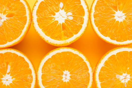Vista previa: Cut Halves Of Juicy Orange On Yellow Background. Orange Fruit, Citrus Minimal Concept. Creative