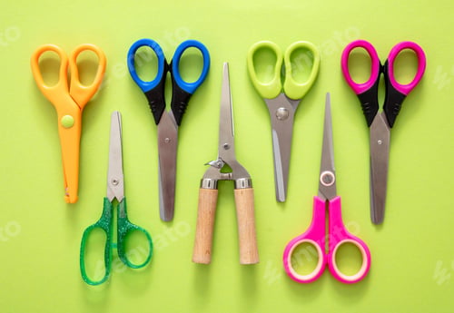 Preview: Scissors set on green background, School preschool supplies, top view
