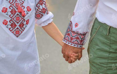 Preview: Ukrainian grandmother and granddaughter in vyshyvanka. selective focus.