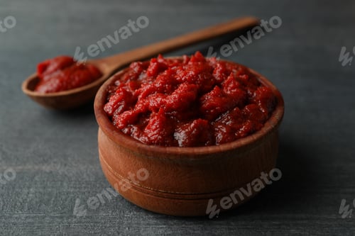 Preview: Wooden bowl and spoon with tomato paste on dark wooden background