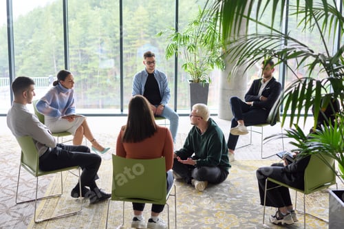 Preview: Corporate business team meeting with a manager or coach. Group of happy diverse, multiracial people