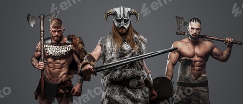 Preview: Three nordic barbarians with cold steel against gray background