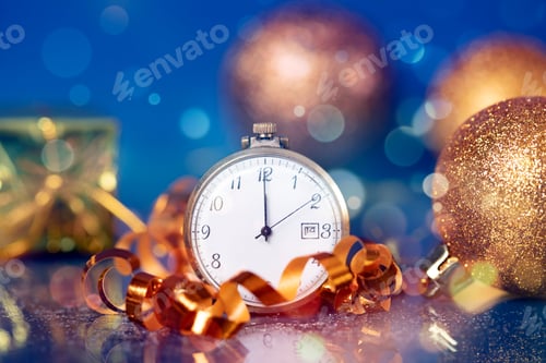 Preview: New Year's at midnight - Old clock with Christmas decoration and holiday lights
